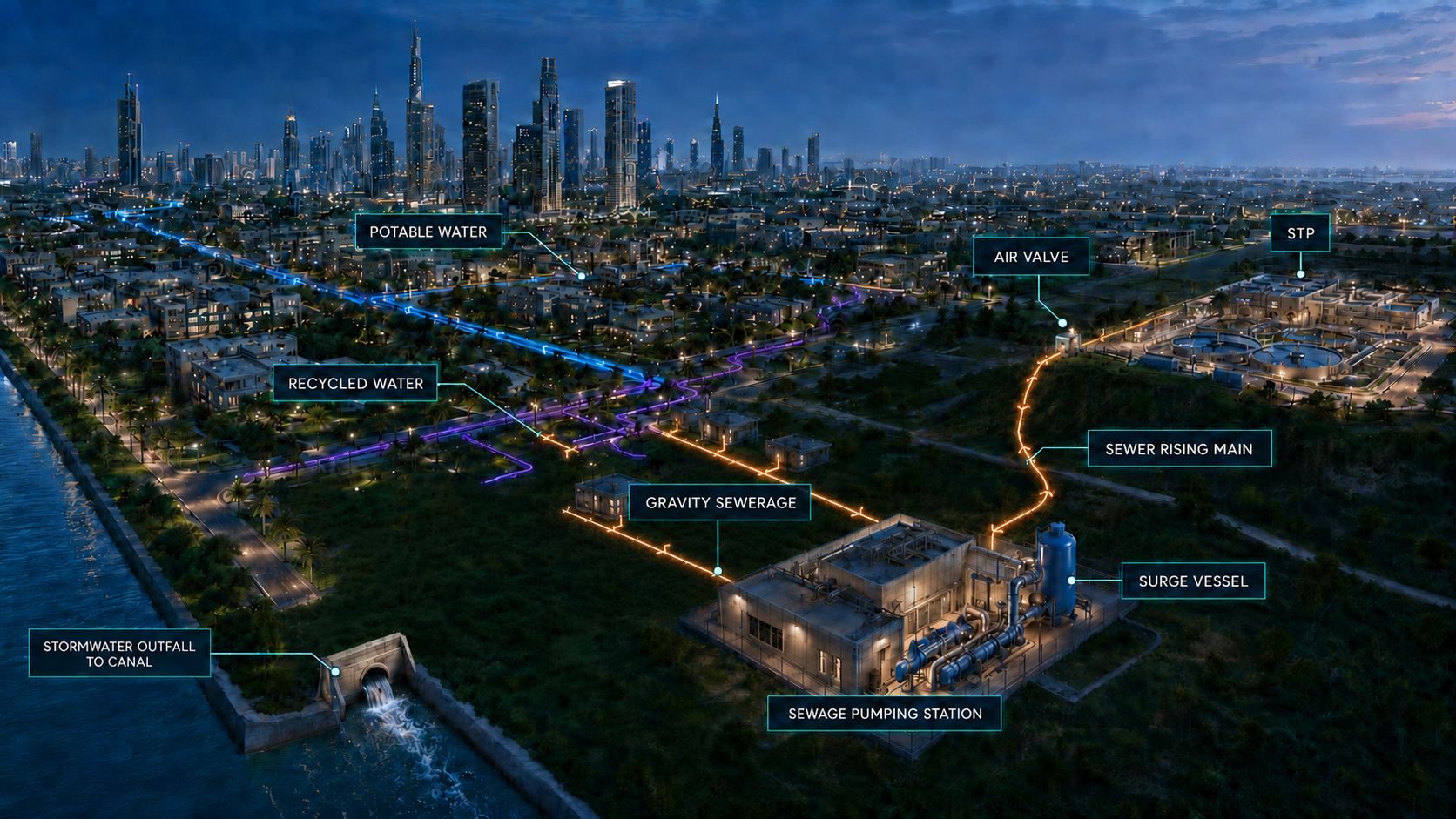 City-scale water, wastewater, stormwater and surge engineering masterplan