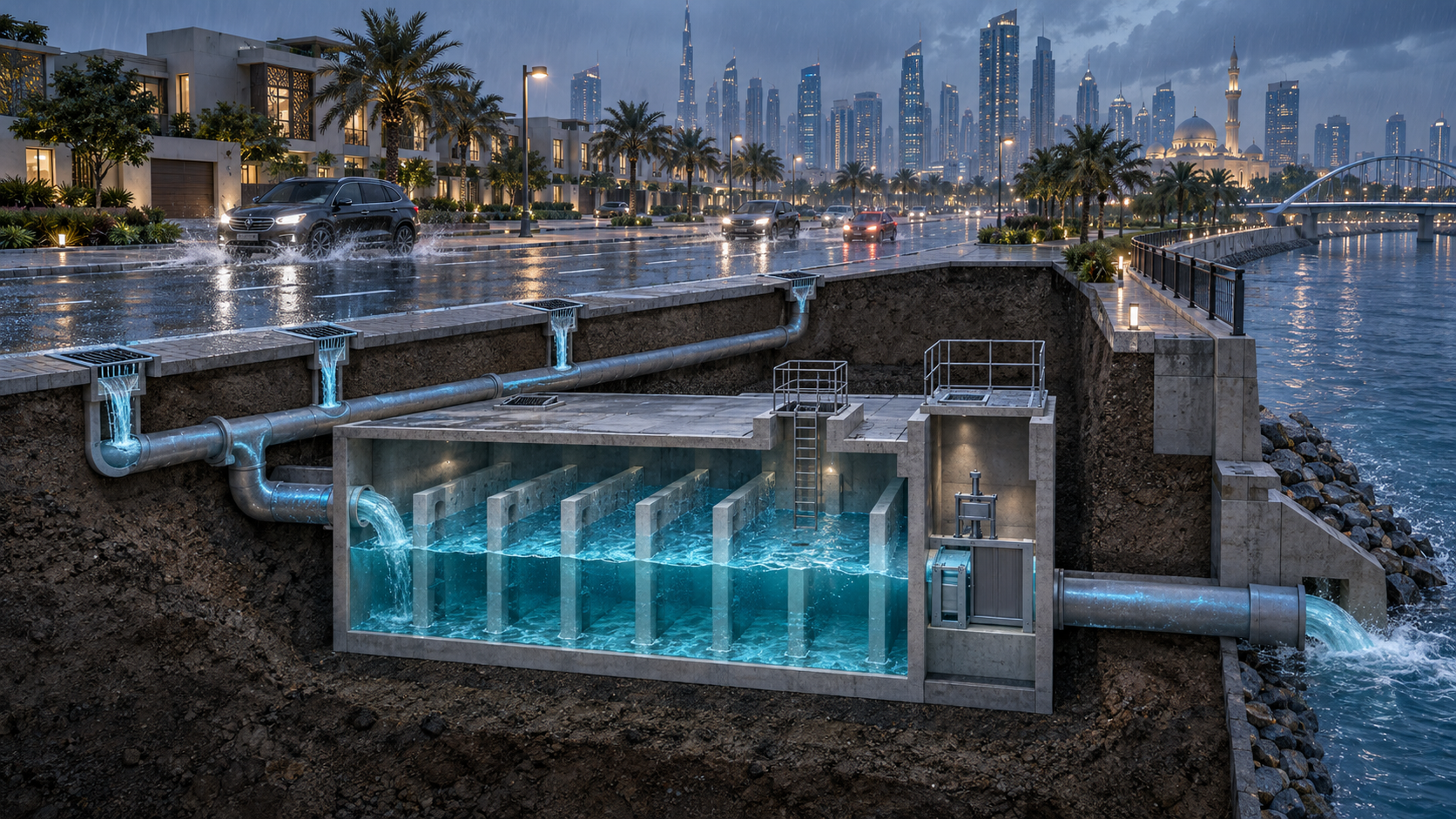 Stormwater gullies, main drainage network and underground attenuation storage with controlled discharge