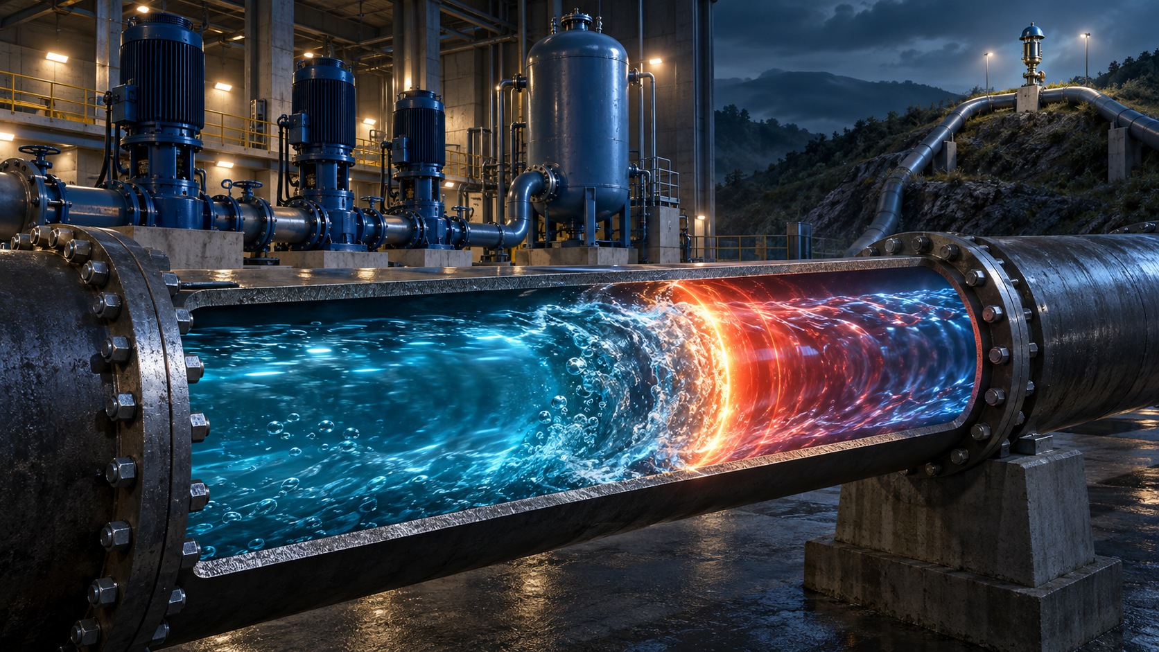 Water-hammer pressure wave inside a large-diameter pipeline with surge-protection equipment