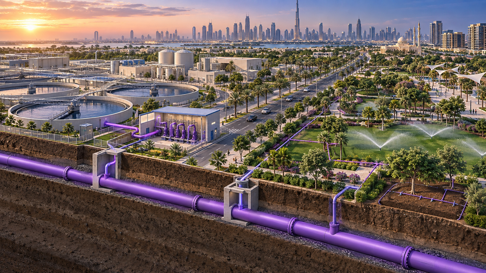 Recycled-water network supplying tertiary landscape irrigation